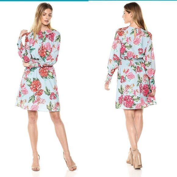 NWT Ella Moon Standard Smocked Waist Long Sleeve Blue Pink Floral Print Dress - Picture 1 of 8